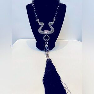 Heidi Daus Black Beaded Necklace w/ Purple Stone and Tassle